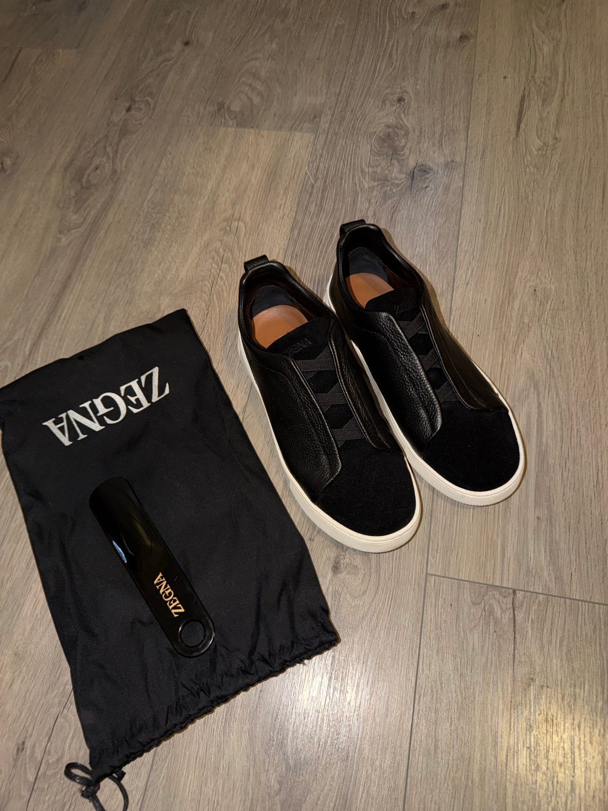 Zegna Triple Stitch Sneakers Zwart Leer, Zwart, Ophalen of Verzenden, Sneakers of Gympen, Zo goed als nieuw
