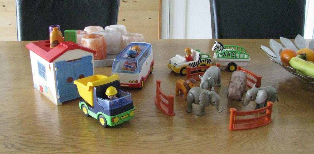 Playmobil 1 2 3. Auto met garage + bus + auto met aanhanger, Gebruikt, Complete set, Overige typen, 1.2.3