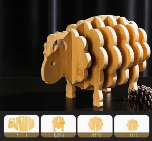 Onderzetters Schaap hout 7 delig, Hout, Glasonderzetter, Nieuw, Met houder