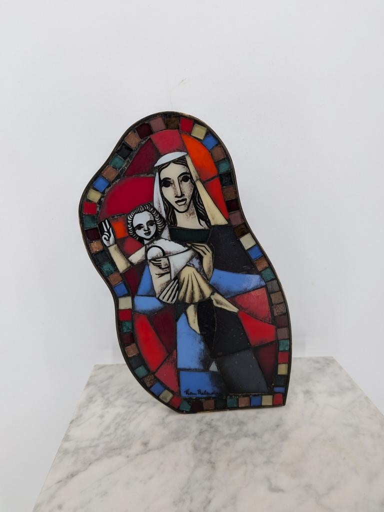 Vintage Religieus Wandpaneel | Glas-in-lood stijl | Maria, Antiek en Kunst, Ophalen of Verzenden