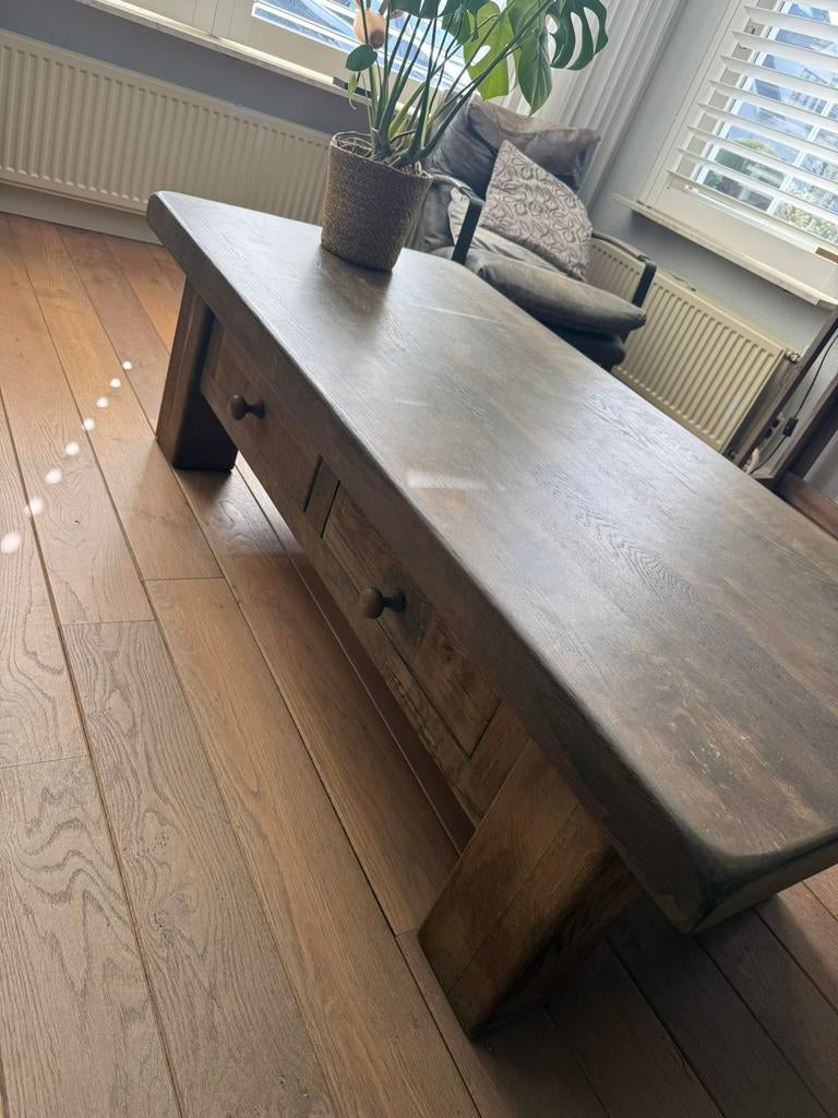 Massief eiken salontafel, 100 tot 150 cm, Eikenhout, Zo goed als nieuw, Rechthoekig