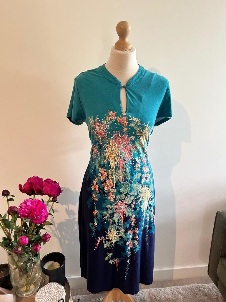 King Louie maat XL Blauwe Aziatische kimono jurk 3305, Kleding | Dames, Jurken, Blauw, Maat 46/48 (XL) of groter, Ophalen of Verzenden