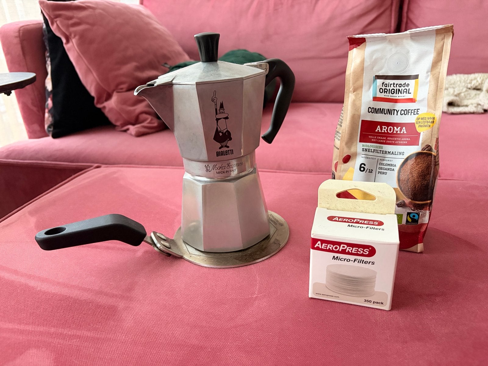 Bialetti percolator setje met inductieplaatje, Overige modellen, Gemalen koffie, Ophalen of Verzenden, Zo goed als nieuw