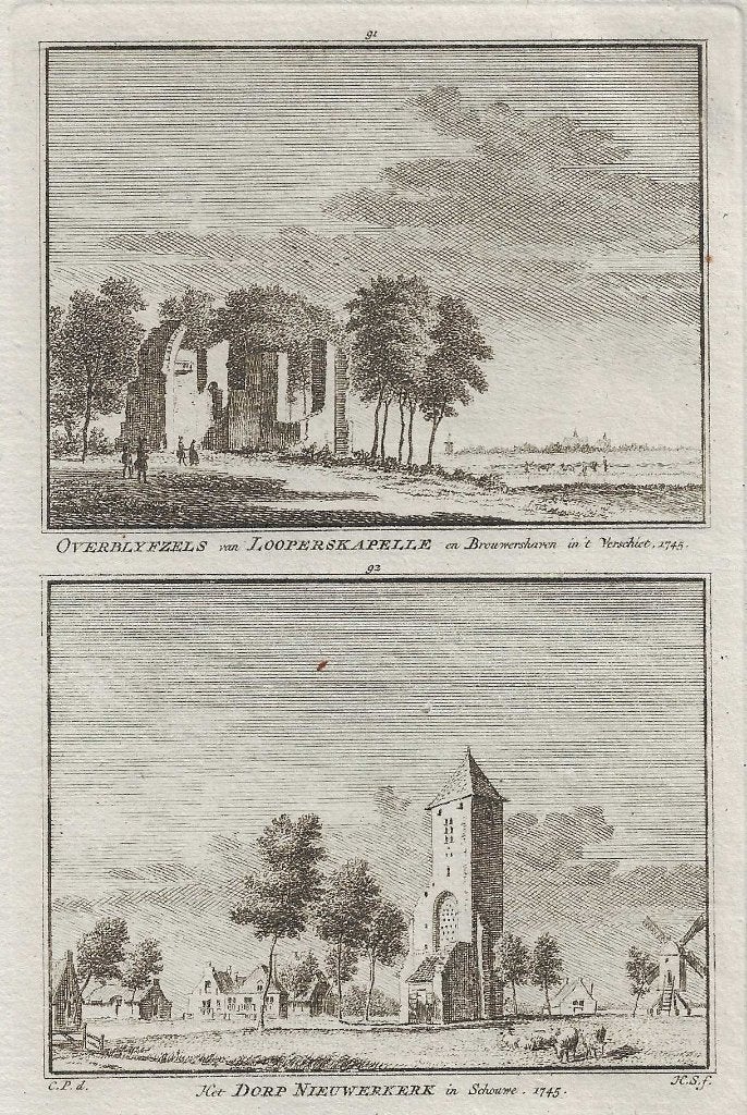 Looperskapelle en Brouwershaven Dorp Nieuwerkerk in Schouwe, Met tekst, Ophalen of Verzenden, Gravure, 15 cm