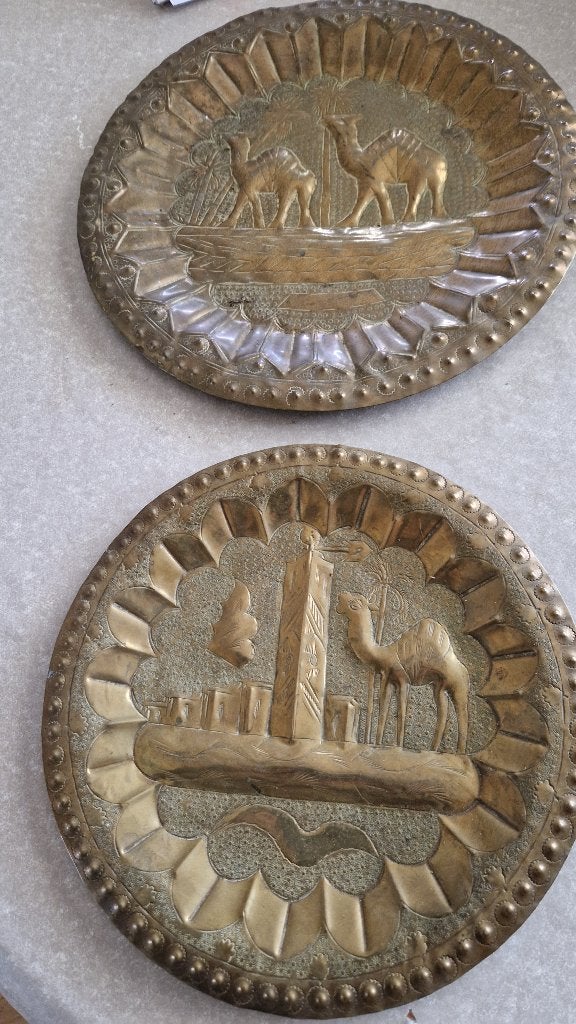 2 oude koperen messingen wandborden egypte, Antiek en Kunst, Antiek | Koper en Brons, Ophalen of Verzenden, Koper