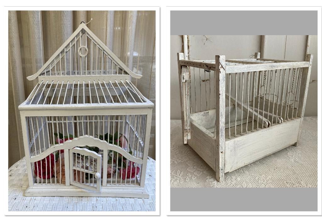 2x Brocante witte houten oude vogelkooi - vogelkooitjes, Ophalen of Verzenden