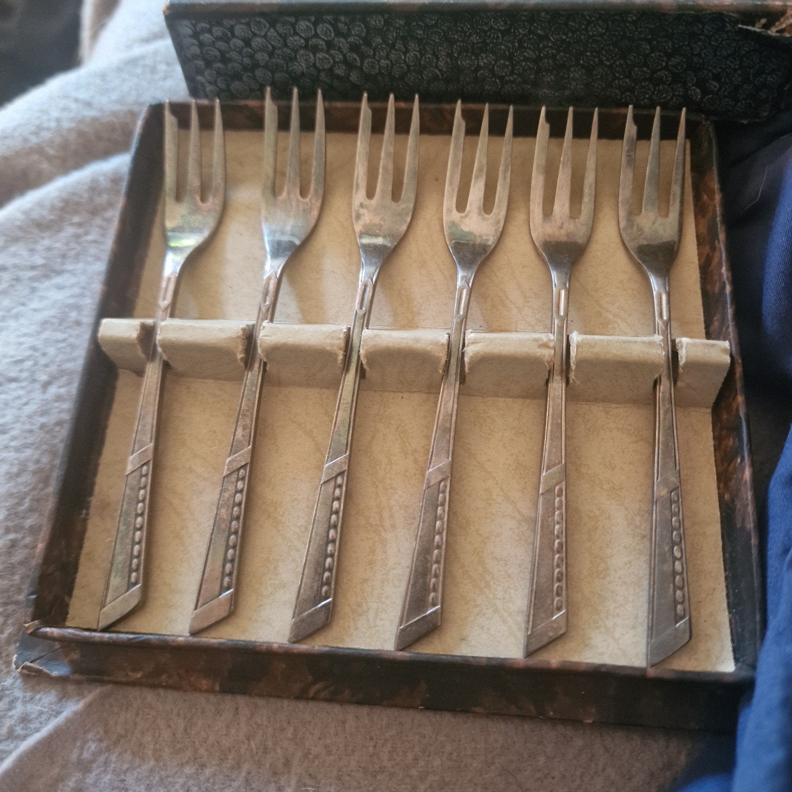 Set van 6 vintage gero zilver  zilverkleurige gebaksvorkjes, Antiek en Kunst, Ophalen of Verzenden