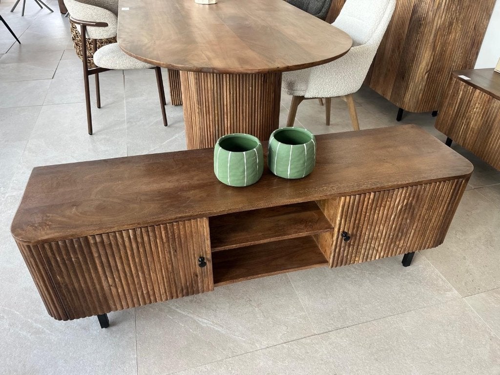 Magazijn Leegverkoop TV meubel retro Remi mangohout ribbel, Hout, Nieuw, Ophalen of Verzenden, Info@wkhome.nl
