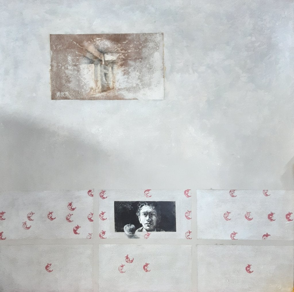Saroj Kush (Nepal) - Jongen met appel, Gesigneerd, Acrylverf, Ophalen of Verzenden, Portret