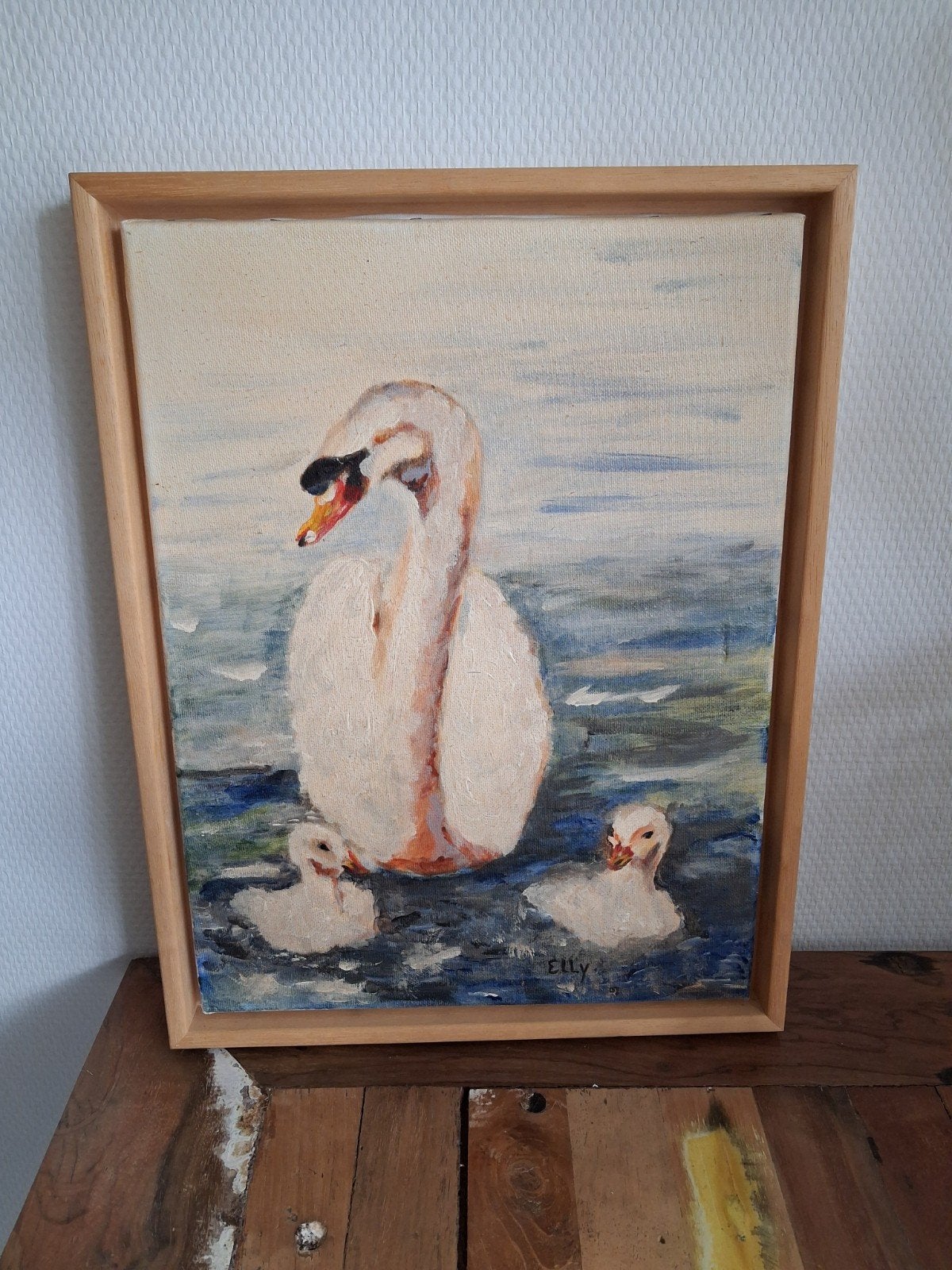 Origineel schilderij, zwaan met jongen, in baklijst, Ophalen of Verzenden, Minder dan 50 cm, Schilderij