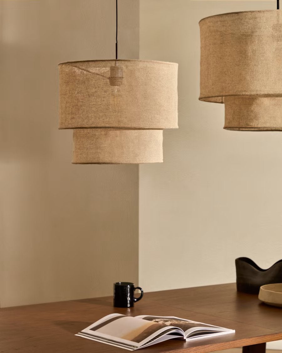 Beige linnen lampenkap met fitting (zwart) Kave, Japandi, Textiel, Nieuw, E27 (groot)