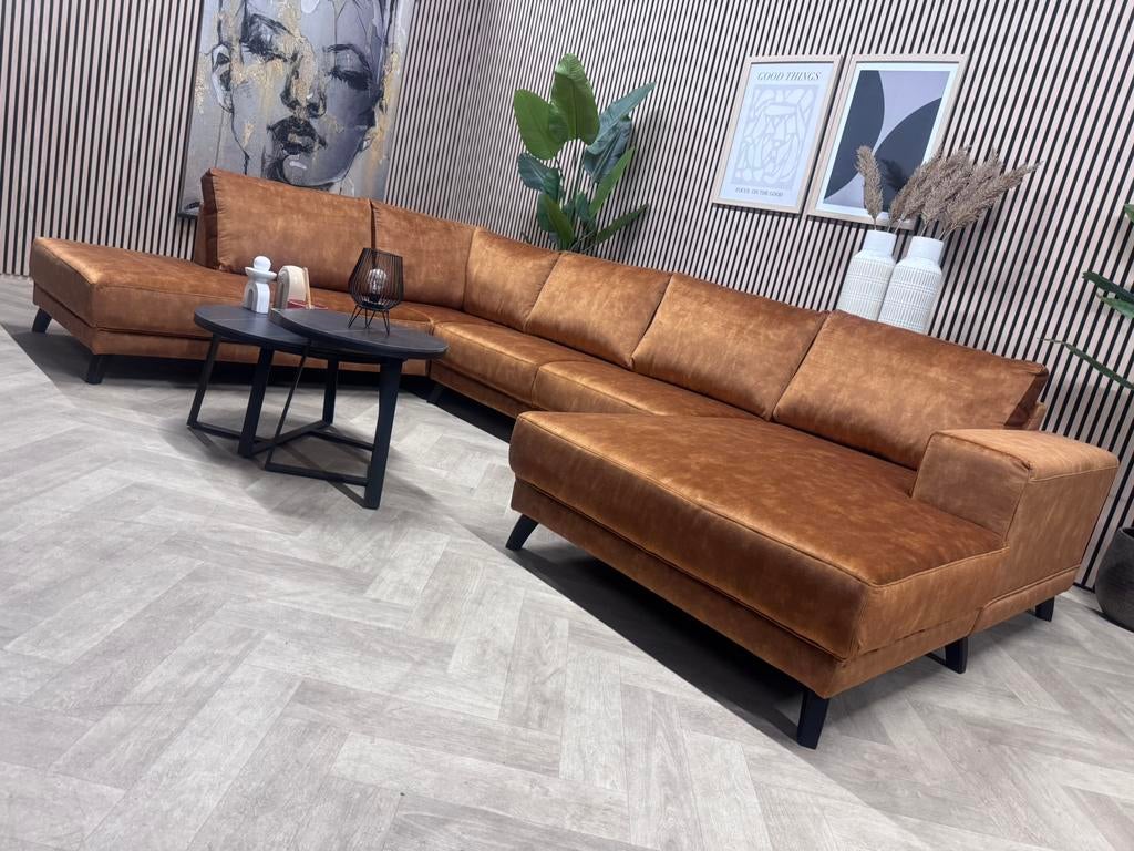 NIEUW | Luxe Velvet Velours U-Bank - Cognac - 350cm, Huis en Inrichting, Hoekbank, 300 cm of meer, Ophalen of Verzenden, X