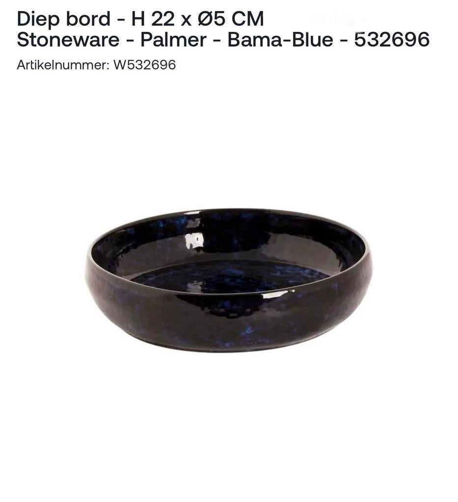 Palmer - Bama-Blue /Diep bord - H 22 x Ø5 CM Stoneware, Huis en Inrichting, Keuken | Servies, Ophalen, Zo goed als nieuw, Bord(en)