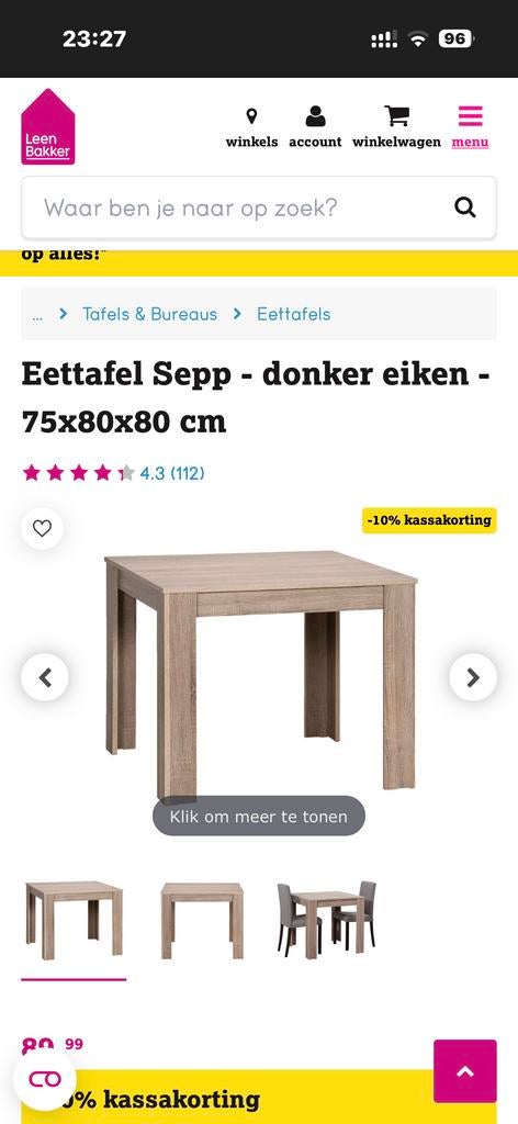 Nieuwe, in doos Eettafel Sepp - donker eiken - 75x80x80 cm, Huis en Inrichting, Tafels | Eettafels, Gebruikt, 100 tot 150 cm, Vierkant