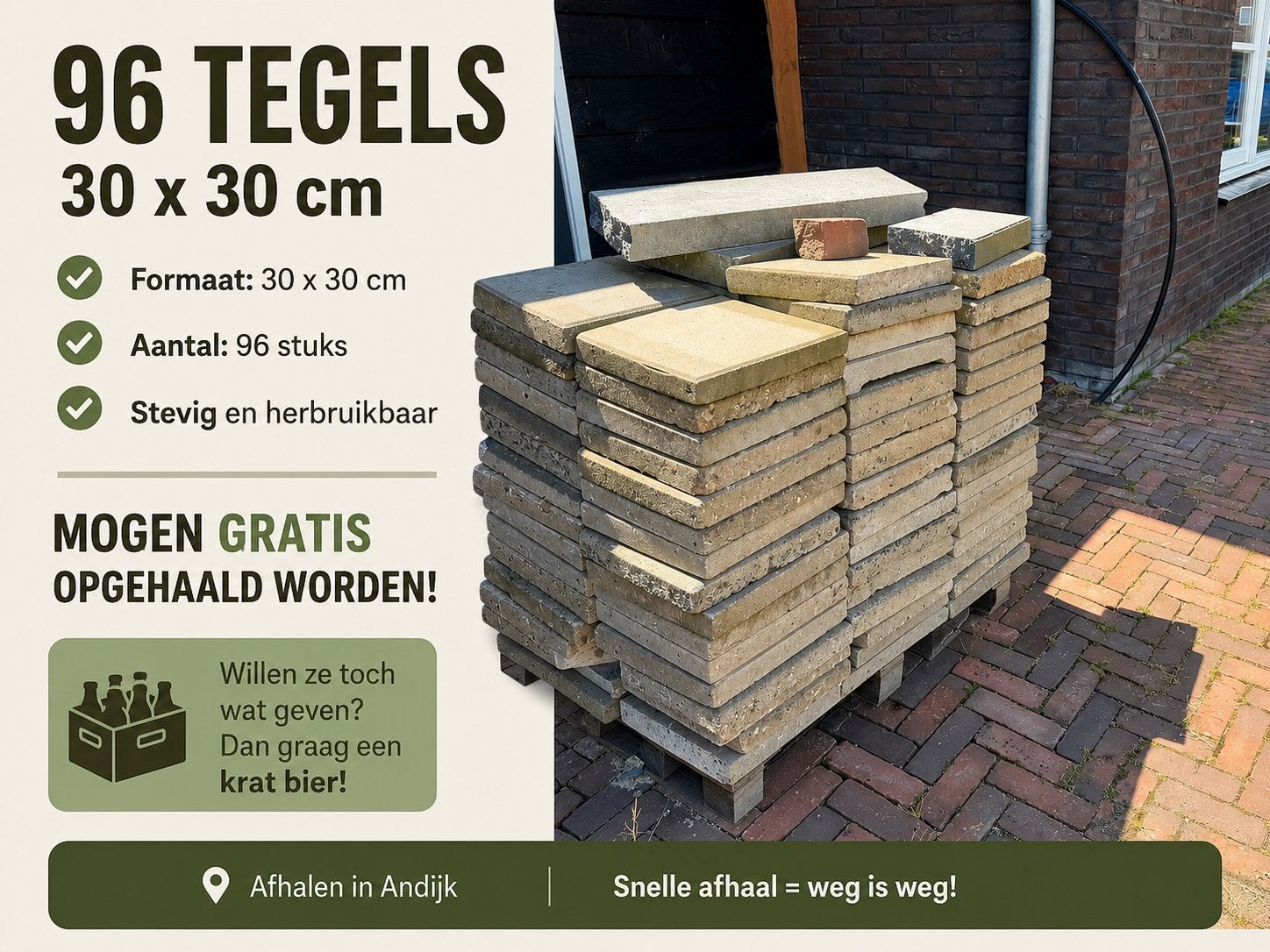 71 betontegels 30x30 cm GRATIS af te halen, Ophalen, Gebruikt, 5 tot 10 m², Beton