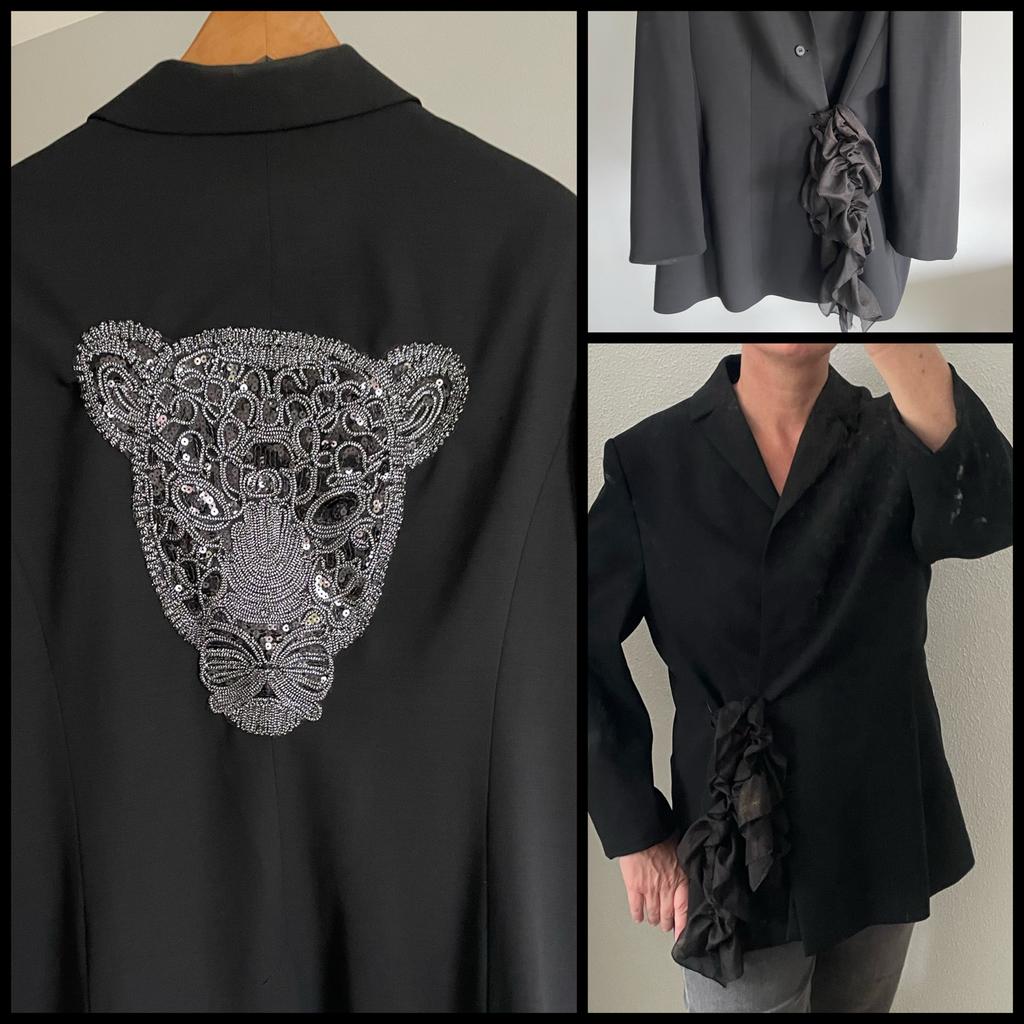 Gerestylde zwarte blazer met panterprint - One Size, Ophalen of Verzenden, Gedragen, Maat 38/40 (M), Zwart