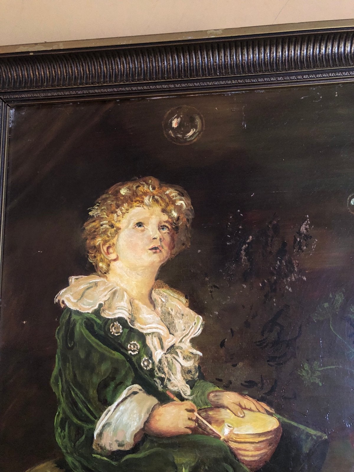 Prachtig schilderij 'Bubbels' - Jongen met bellenblaas, Antiek en Kunst, Kunst | Schilderijen | Klassiek, Doek, Portret of Personen