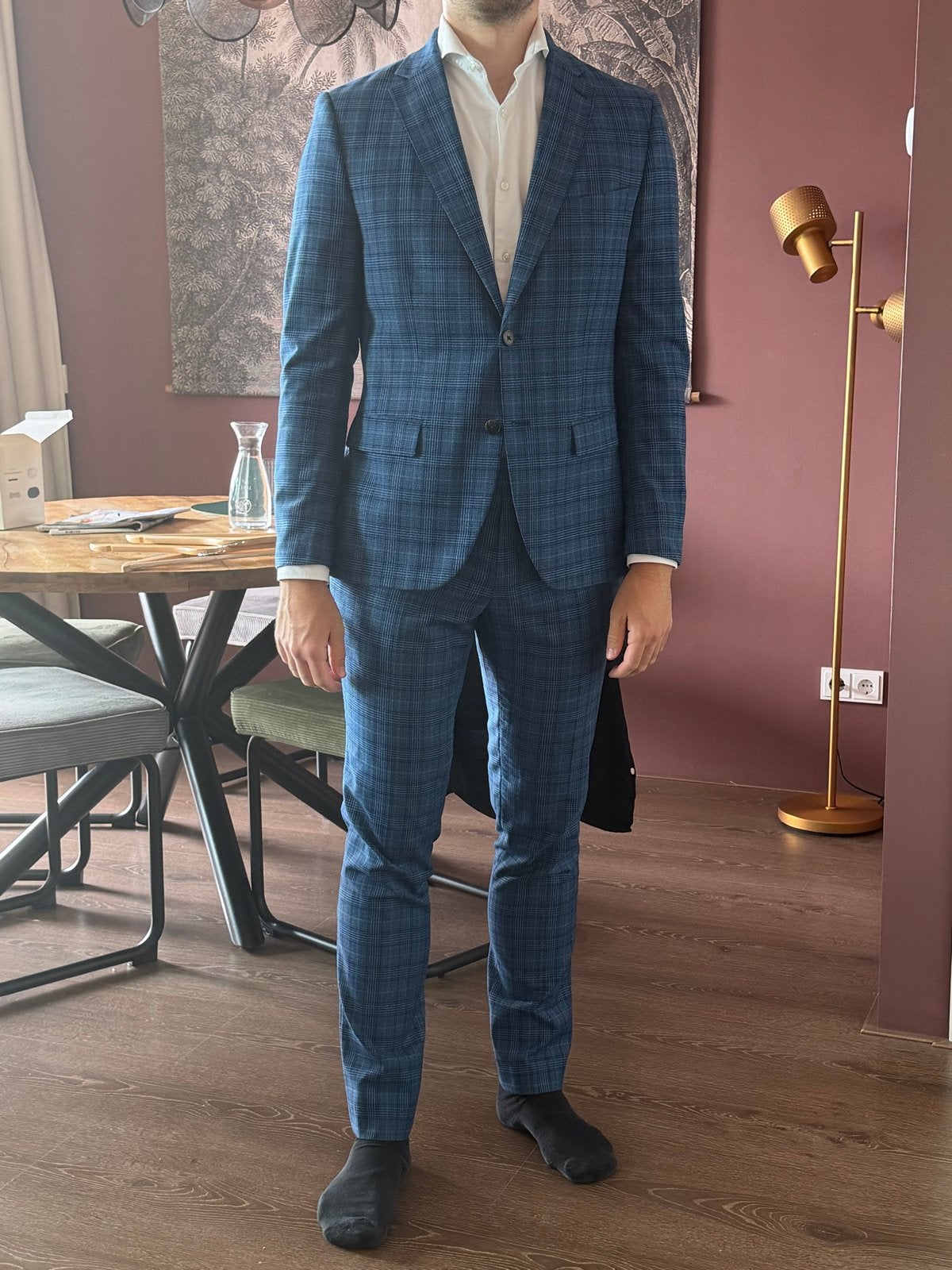 Stijlvol blauw geruit kostuum/pak WE - colbert 48 & broek 50, Ophalen of Verzenden, Zo goed als nieuw, Maat 48/50 (M), Blauw