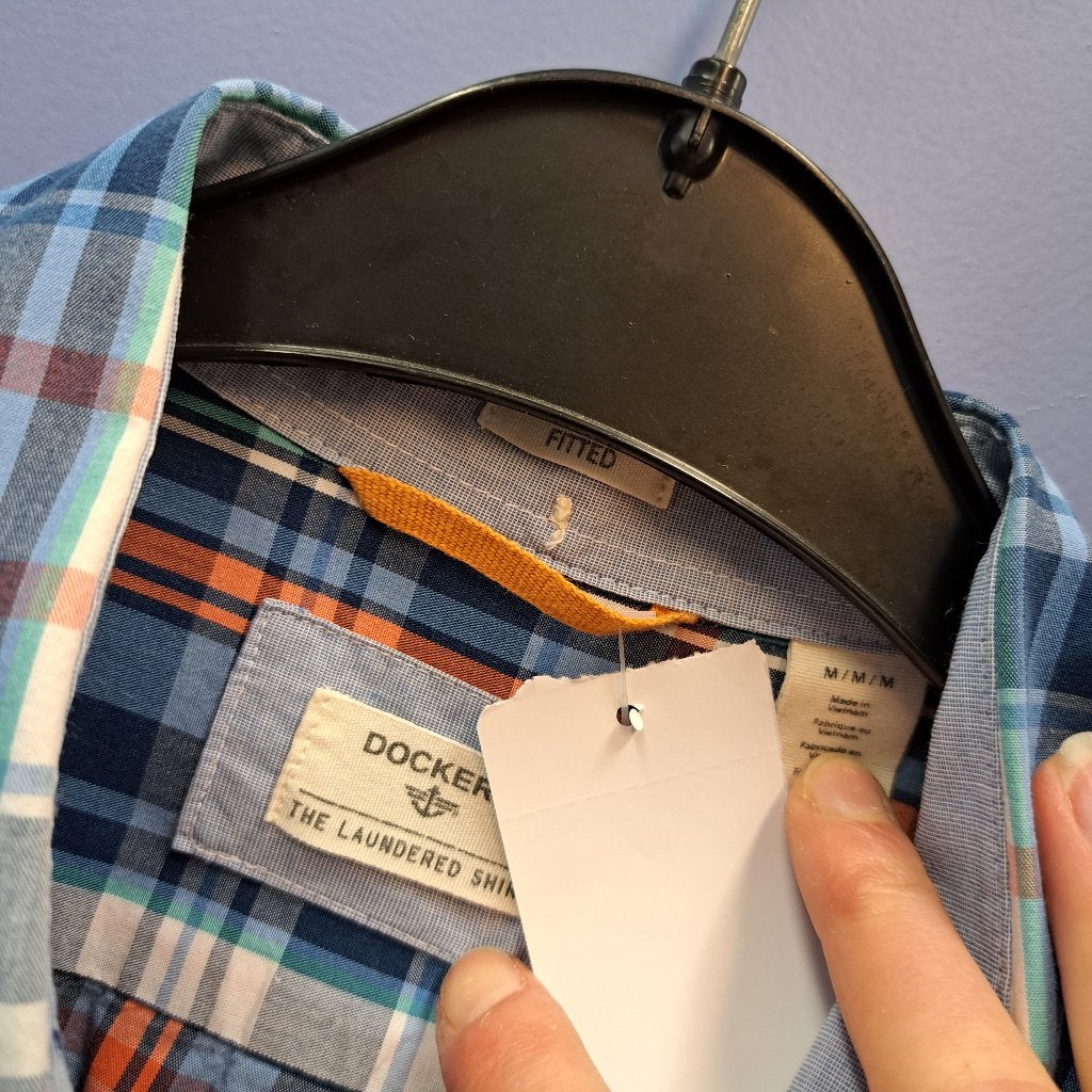 Dockers overhemd oranje blauw wit geruit mt M nr 41270, ., Halswijdte 39/40 (M), Zo goed als nieuw, Dockers