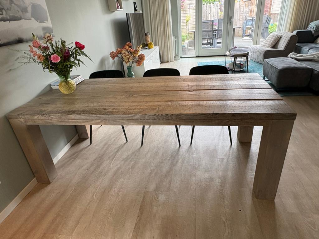Robuuste houten eettafel (Loods 5) 220 cm, Ophalen, Gebruikt, 200 cm of meer, 50 tot 100 cm