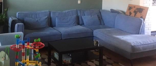 Goossens SUITE Hoekbank Blauw Jeans Stof - Lounge Rechts, Ophalen, Gebruikt, Hoekbank, Stof