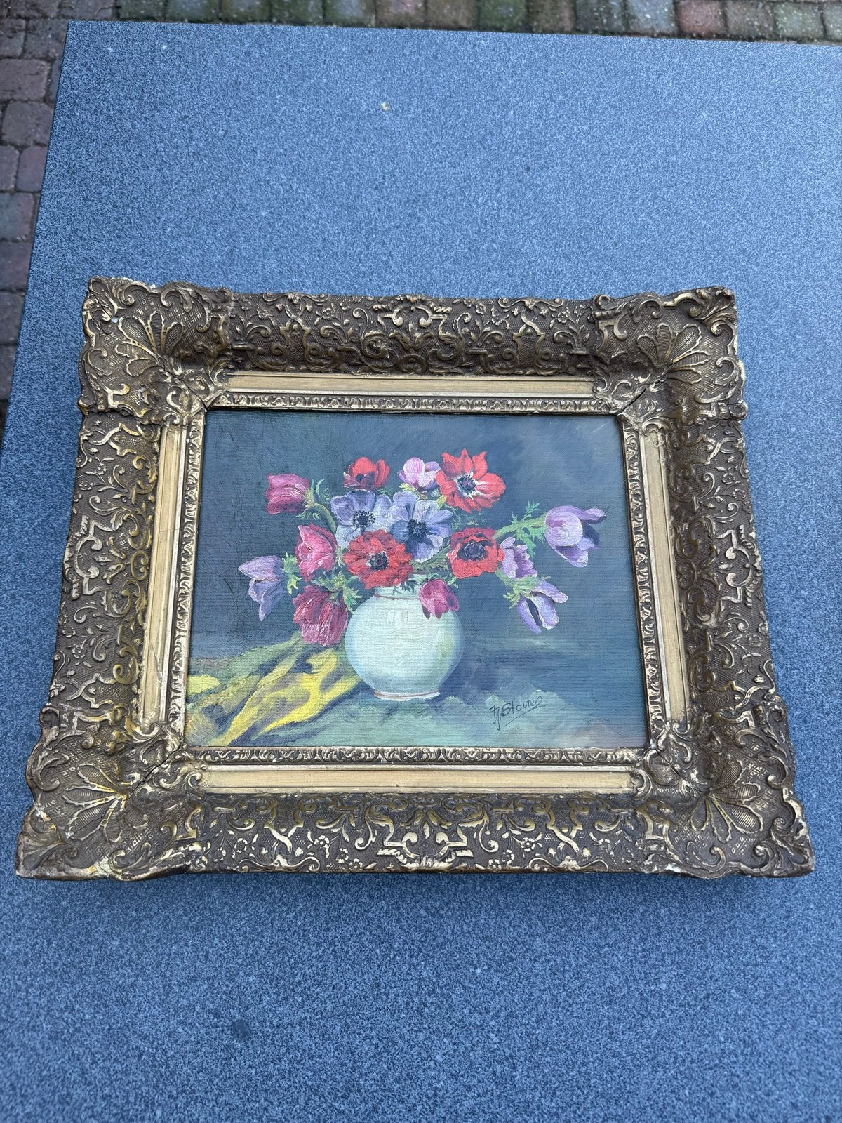 Antiek olieverfschilderij met bloemen in vaas uit 1941., Bloemen, Gedateerd, Doek, Ophalen of Verzenden
