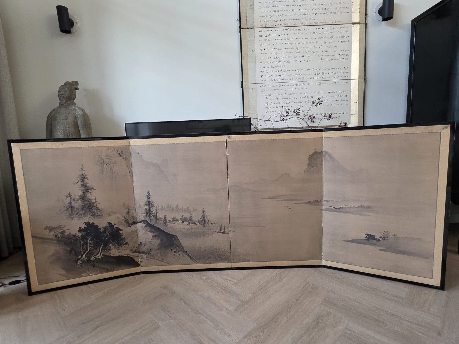 Antiek Japans kamerscherm (byobu) met landschapsschildering, Ophalen