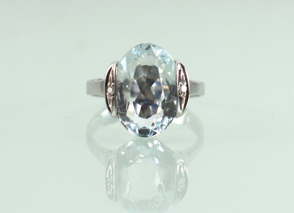 Vintage witgouden ring aquamarijn (beryl) diamant, Ophalen of Verzenden, Goud, Ring, Met edelsteen