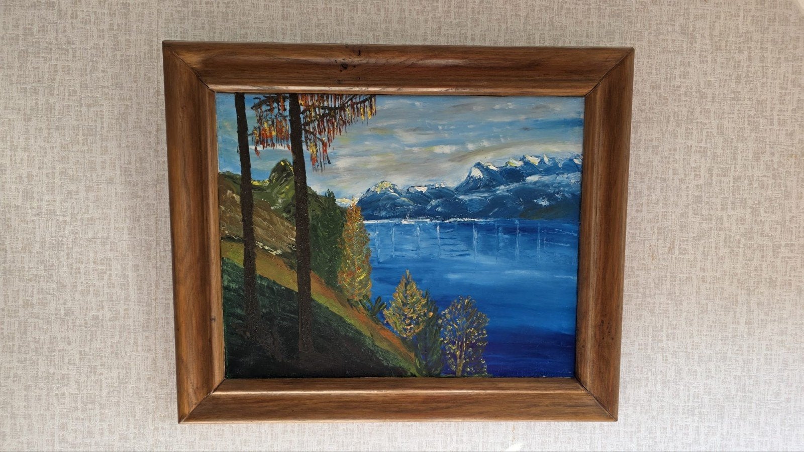 Schilderij: Berglandschap met meer en bomen, Ophalen, Doek, Realistisch, Landschap