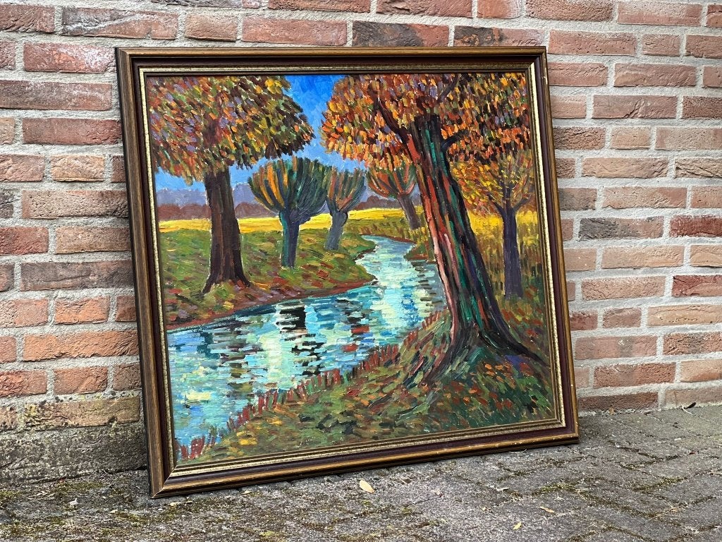 Olieverf herfstlandschap met knotwilgen –gesigneerd Frans P., Ophalen, Doek, Expressionistisch, Landschap