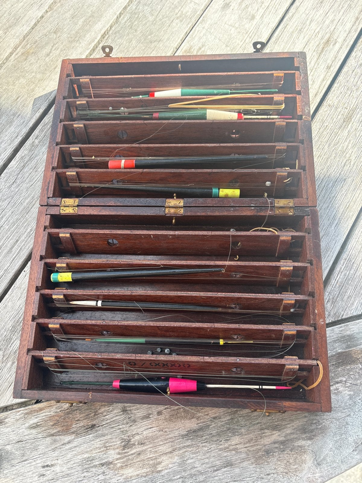 Vintage Dobbers in Houten Kistje, Ophalen, Gebruikt, Geen, Dobber of Lood