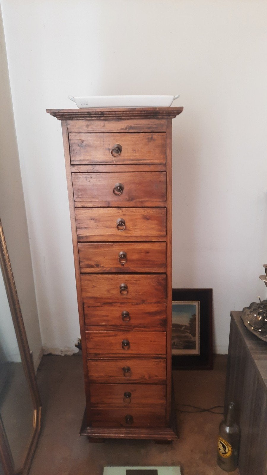 Vintage houten ladekast met 9 laden, Minder dan 50 cm, Gebruikt, Vintage, Klassiek, Ophalen of Verzenden