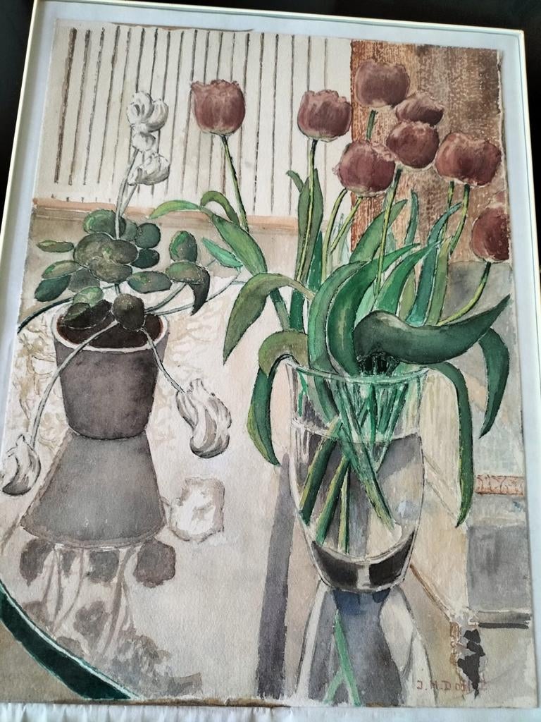Aquarel Stilleven met Tulpen en Plant, Jaren '20 Stijl, Antiek en Kunst, Ophalen of Verzenden