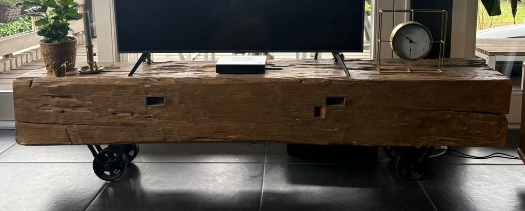 Teakhouten balk op wieltjes, Ophalen, Zo goed als nieuw