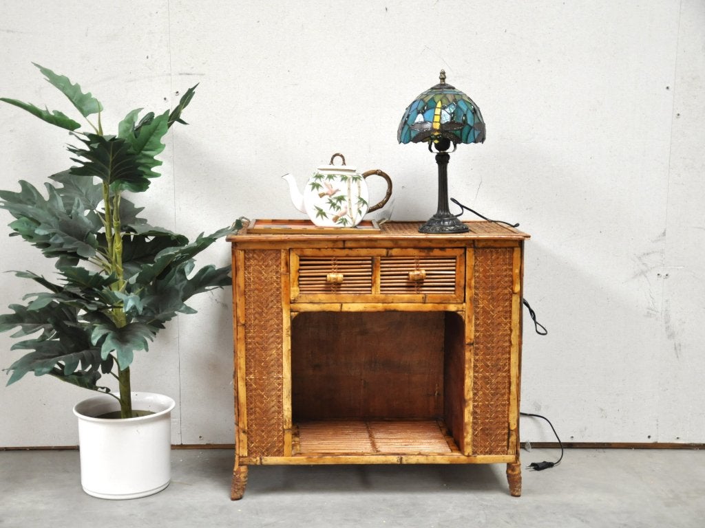 Vintage bamboe kastje met lades en open vak, Ophalen, Gebruikt, Vintage, Bohemian, Retro, 50 tot 100 cm