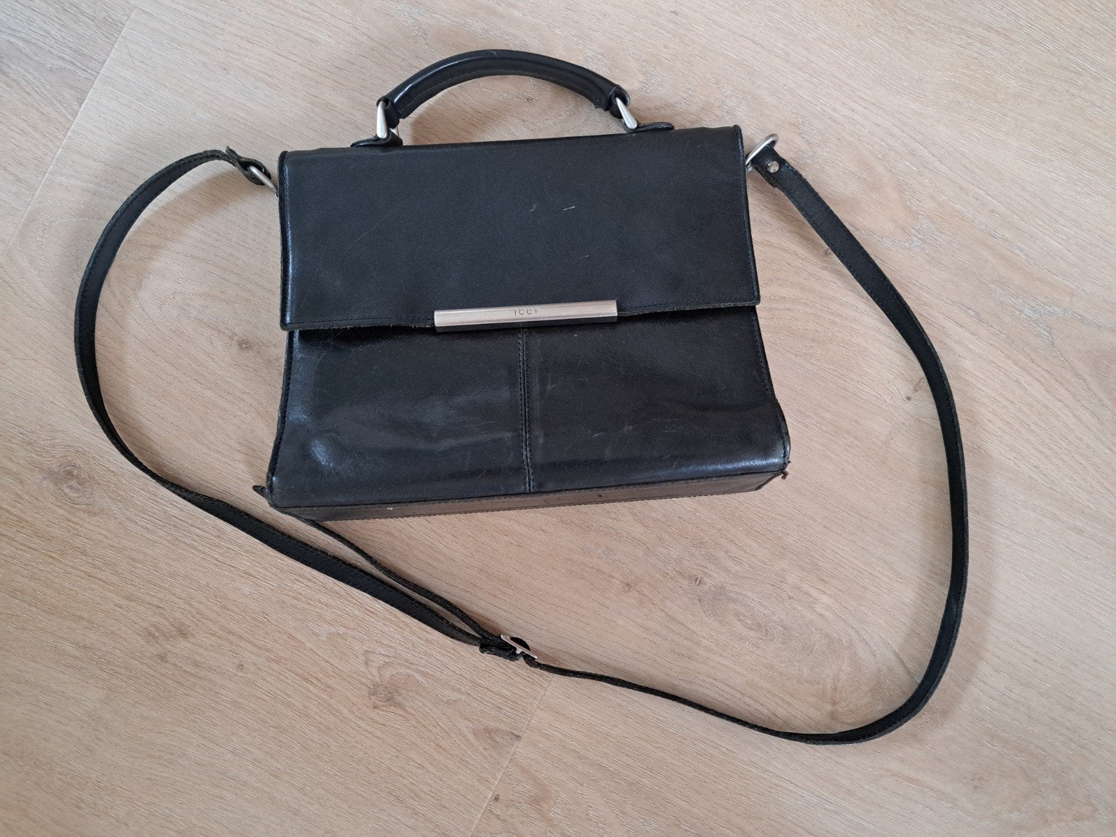 Zwart leren ICCI Schoudertasje / Handtas, Sieraden, Tassen en Uiterlijk, Tassen | Damestassen, Ophalen of Verzenden, Gebruikt