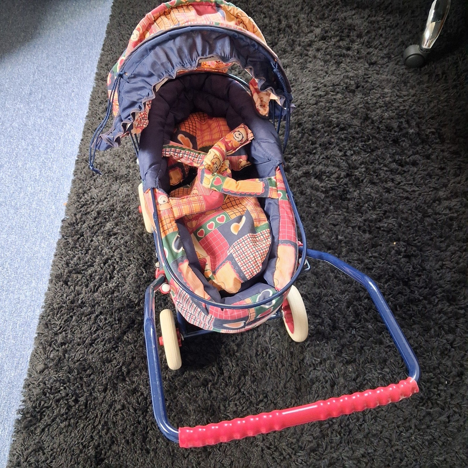 Vintage poppenwagen - blauw met kleurrijke bekleding, Ophalen, Gebruikt, Overige typen