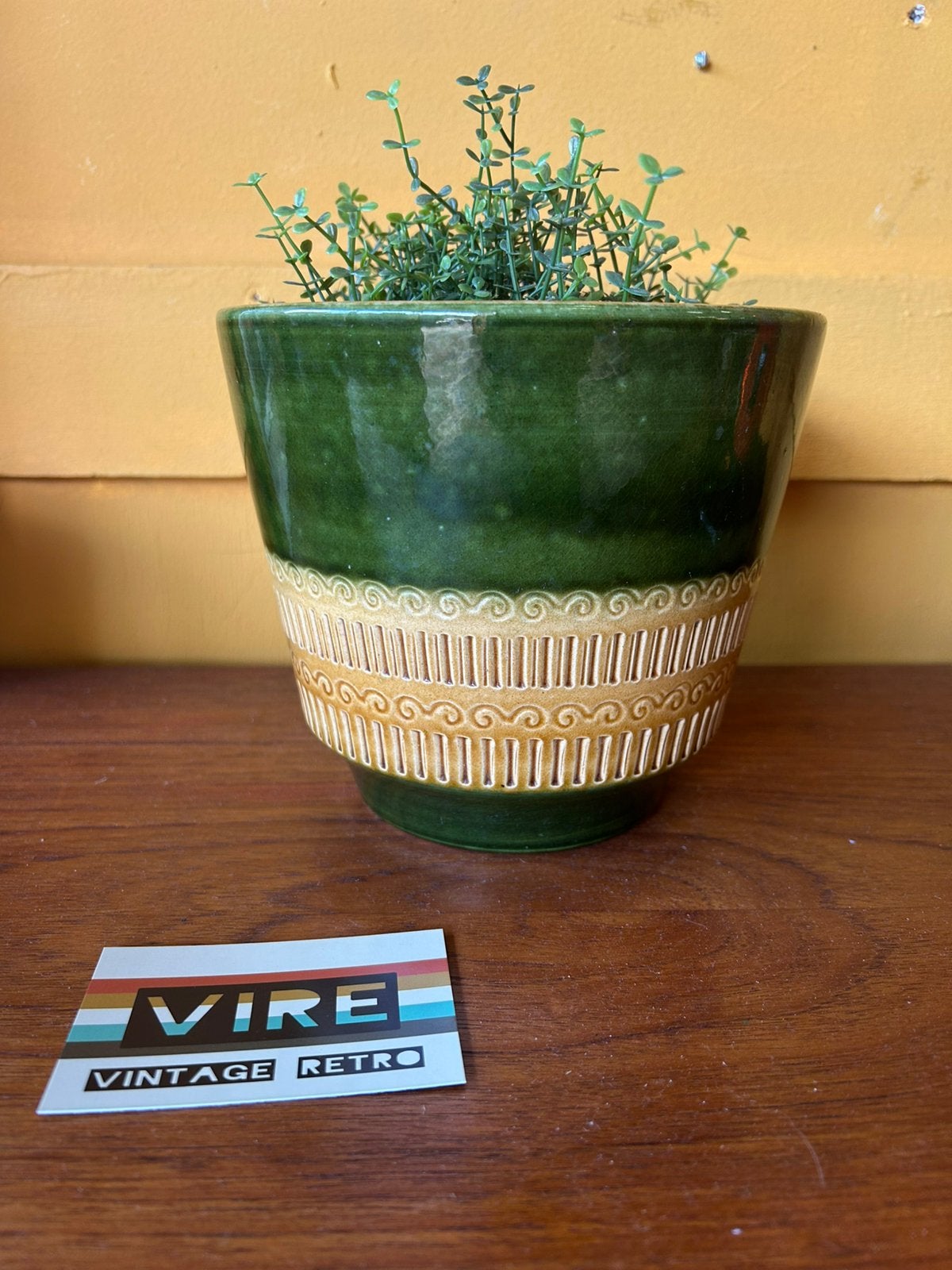 Gave vintage jaren 70 groen gele bloempot, Rond, Zo goed als nieuw, Aardewerk, Binnen