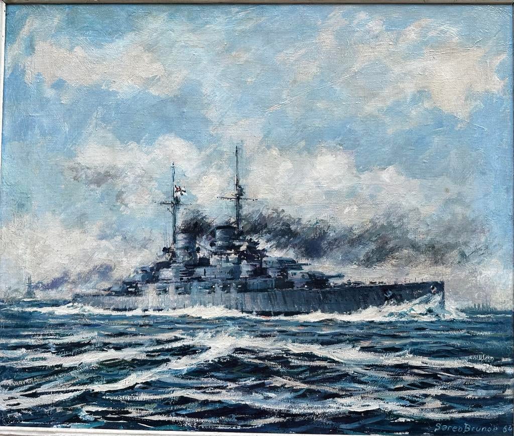 Olieverfschilderij van oorlogsschip, gesigneerd Søren Brunoe, Ophalen of Verzenden
