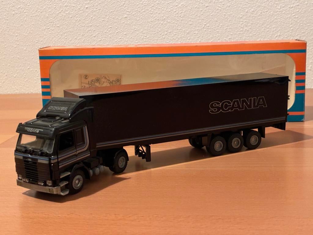 Tekno Scania 143 Topline + 3-assige oplegger, Ophalen of Verzenden, Zo goed als nieuw, Bus of Vrachtwagen, Tekno