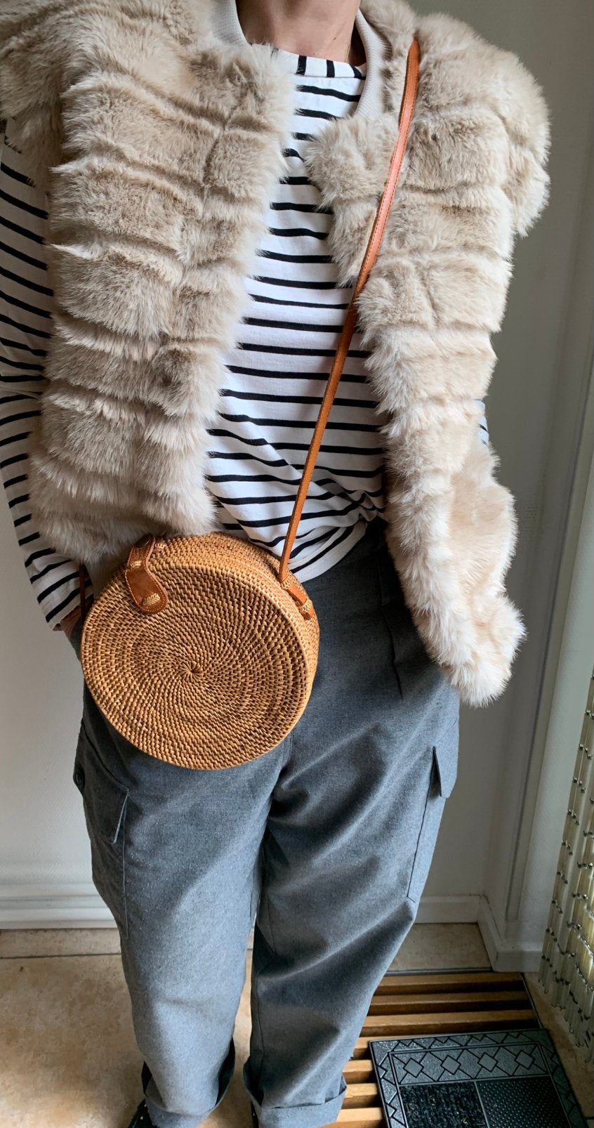 Vintage DEU Naturel. Rond rieten Bali  Bag., Ophalen of Verzenden, Zo goed als nieuw