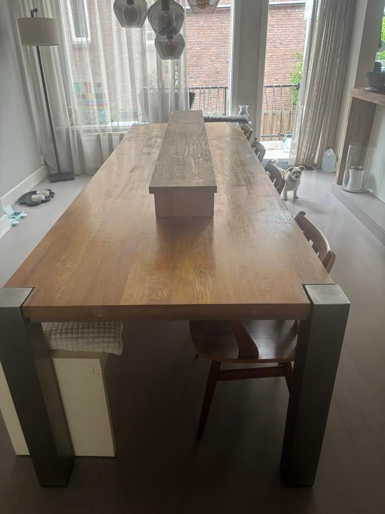 Industriële Eettafel 300x100 cm met IJzeren Poten, Huis en Inrichting, Tafels | Eettafels, Gebruikt, 100 tot 150 cm, Eikenhout