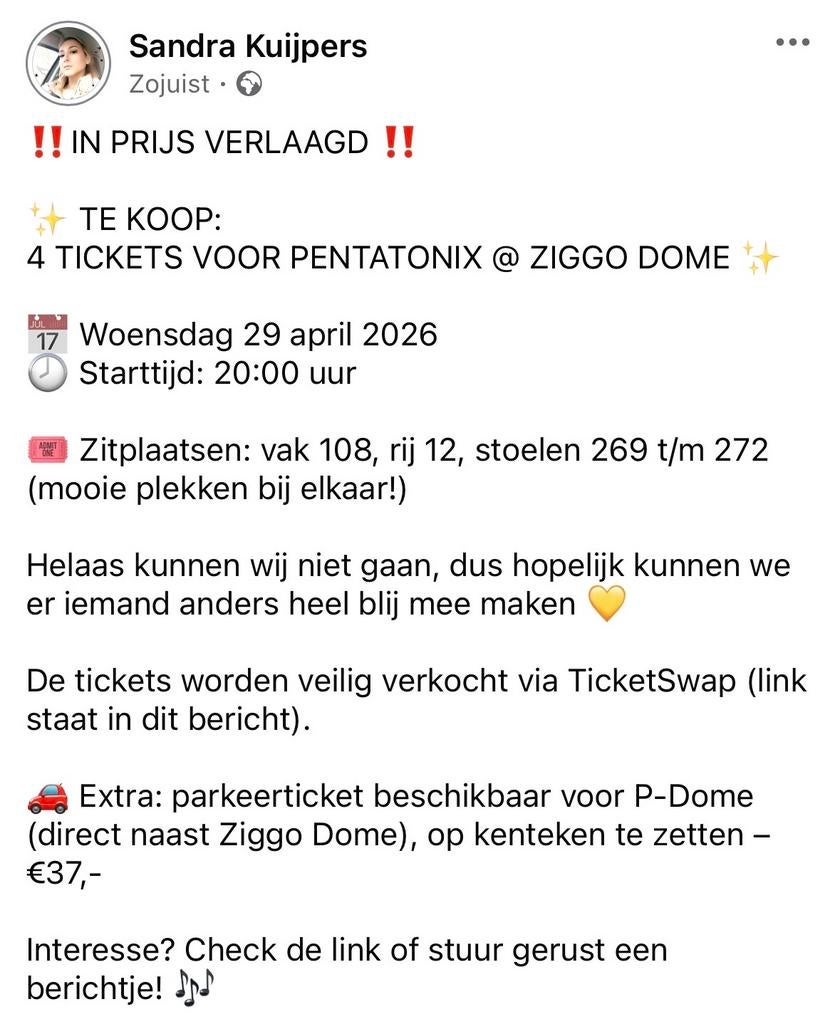 4 kaarten te koop Pentatonix concert vanavond, Tickets en Kaartjes, Concerten | Overige, Drie personen of meer, April
