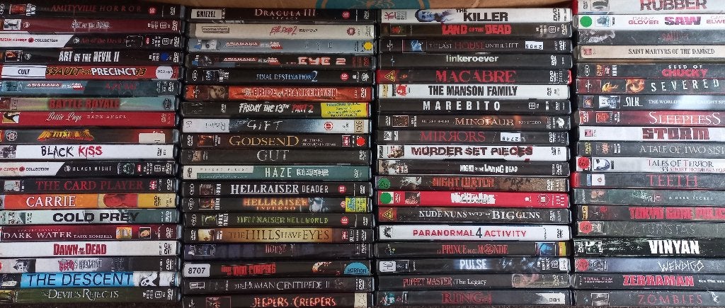 76 Horror en cult films op dvd, ex-rentals izgs, in 1 koop, Gebruikt, Vanaf 16 jaar, Verzenden, Nederlands