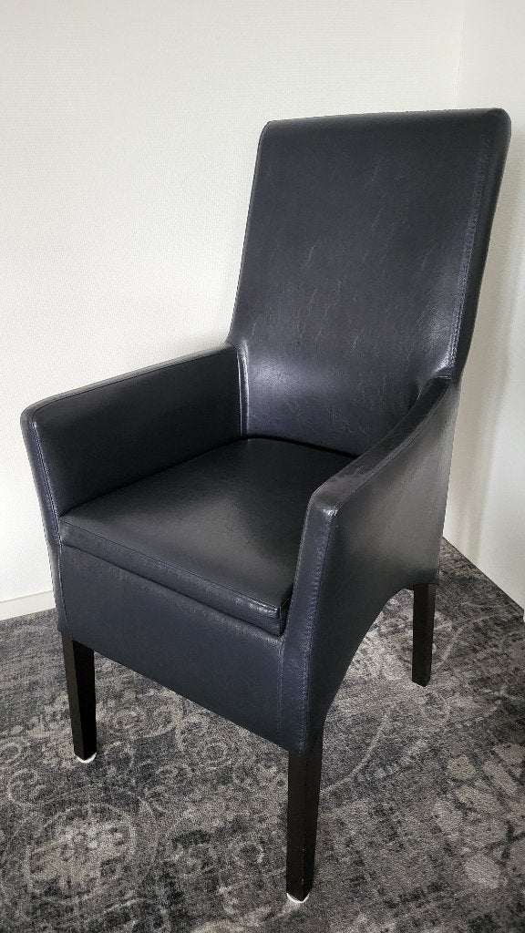 Hoge blauw leren fauteuil/(eet)kamer-/bijzetstoel, Ophalen, Blauw, Klassiek, Hout
