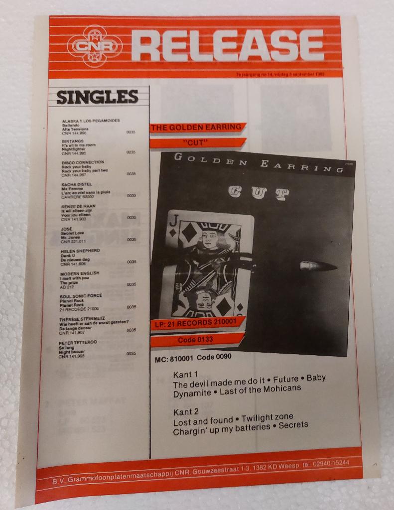 The Golden Earring PROMO FOLDER CNR 1982 Cut Nederpop, CNR, Verzenden, NvT, Boek, Tijdschrift of Artikel