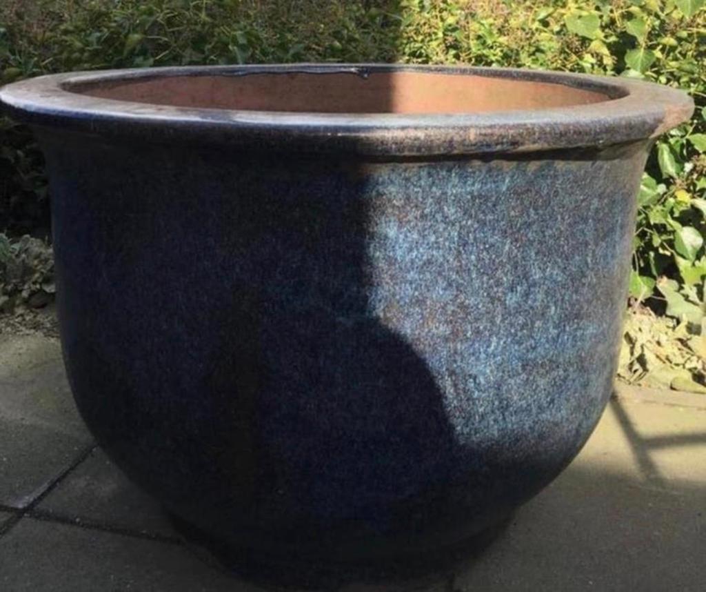 Grote geglazuurde bloempotten 60 en 90cm zwart/blauw, Gebruikt, Balkon, 40 cm of meer, Rond