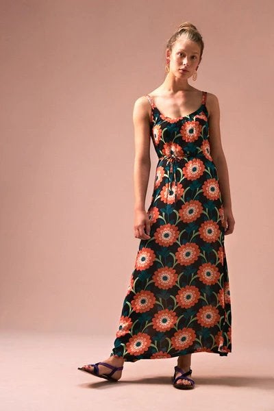 King Louie Maxi Jurk met Bloemenprint - Maat M (38/40), Maat 38/40 (M), Zo goed als nieuw, Onder de knie, Meerkleurig