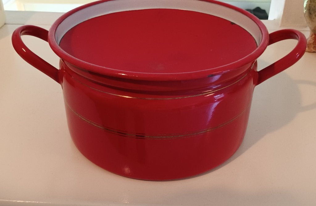 Vintage Rode Emaille Pan met Deksel - 25 cm Diameter, Ophalen of Verzenden