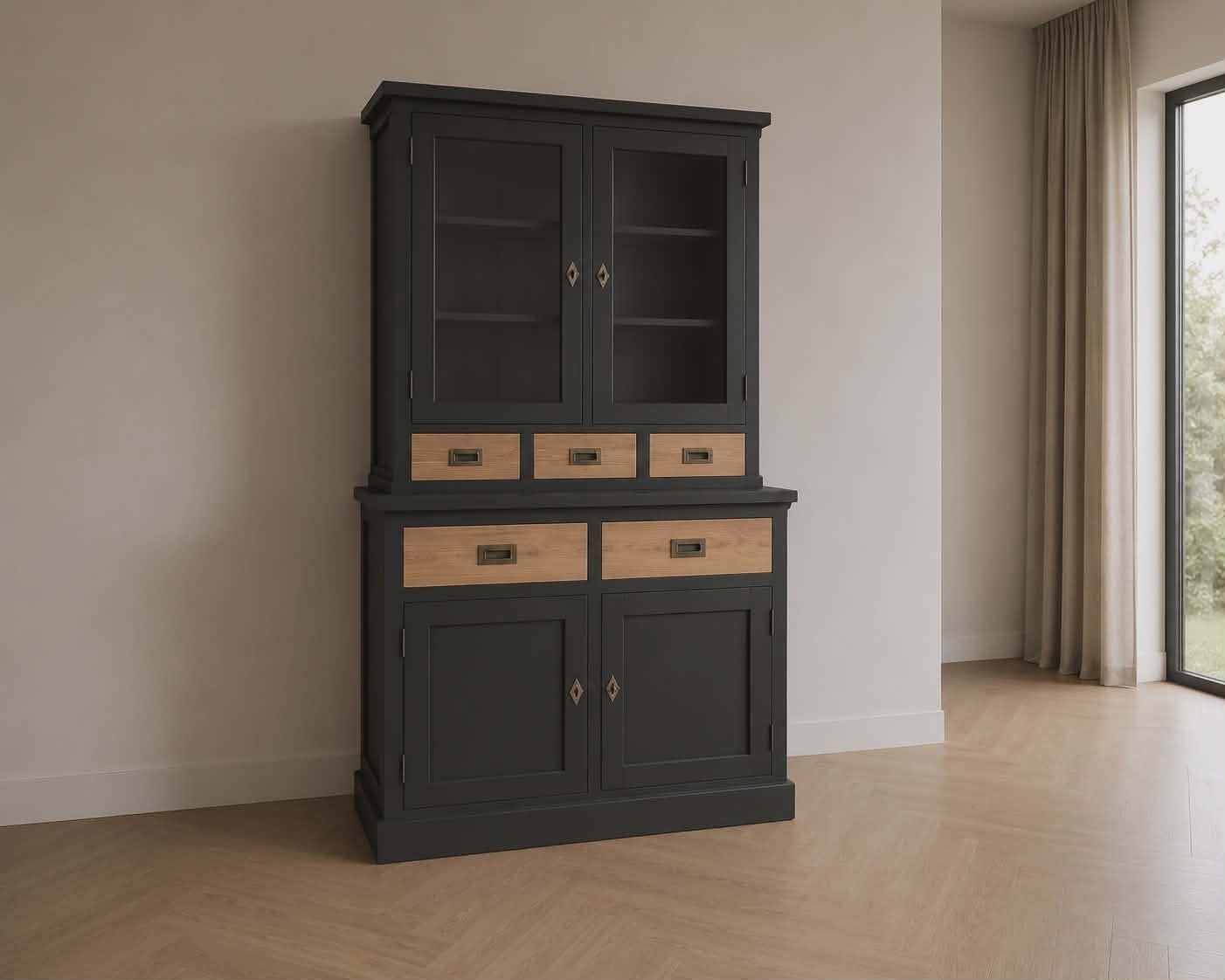 zwarte buffetkast gezandstraald teakhout, Muppetsmeubels@gmail.com, Middenhof 41 Rilland, Teakhout, Nieuw